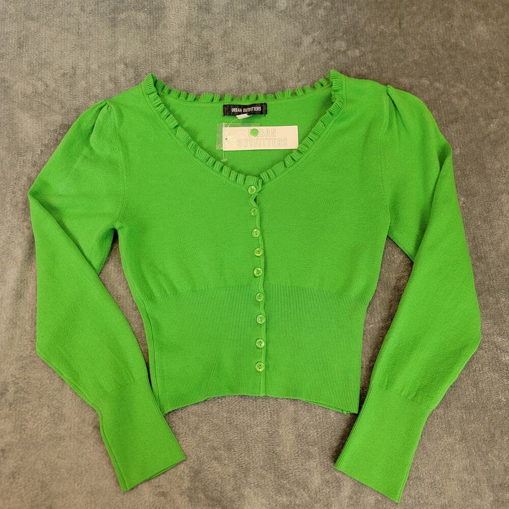 Urban Outfitters Green Cropped Cardigan Ruffle Trim Y2K Indie Fairycore Coquette